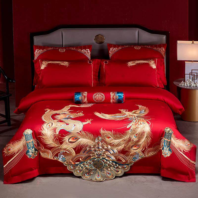 中式婚礼龙凤婚房四件套100S长绒棉重工刺绣大红色结婚被套床单