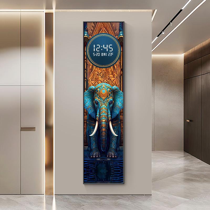 大象入户门玄关装饰画电子屏客厅走廊带灯挂画吉象钟表万年历壁画
