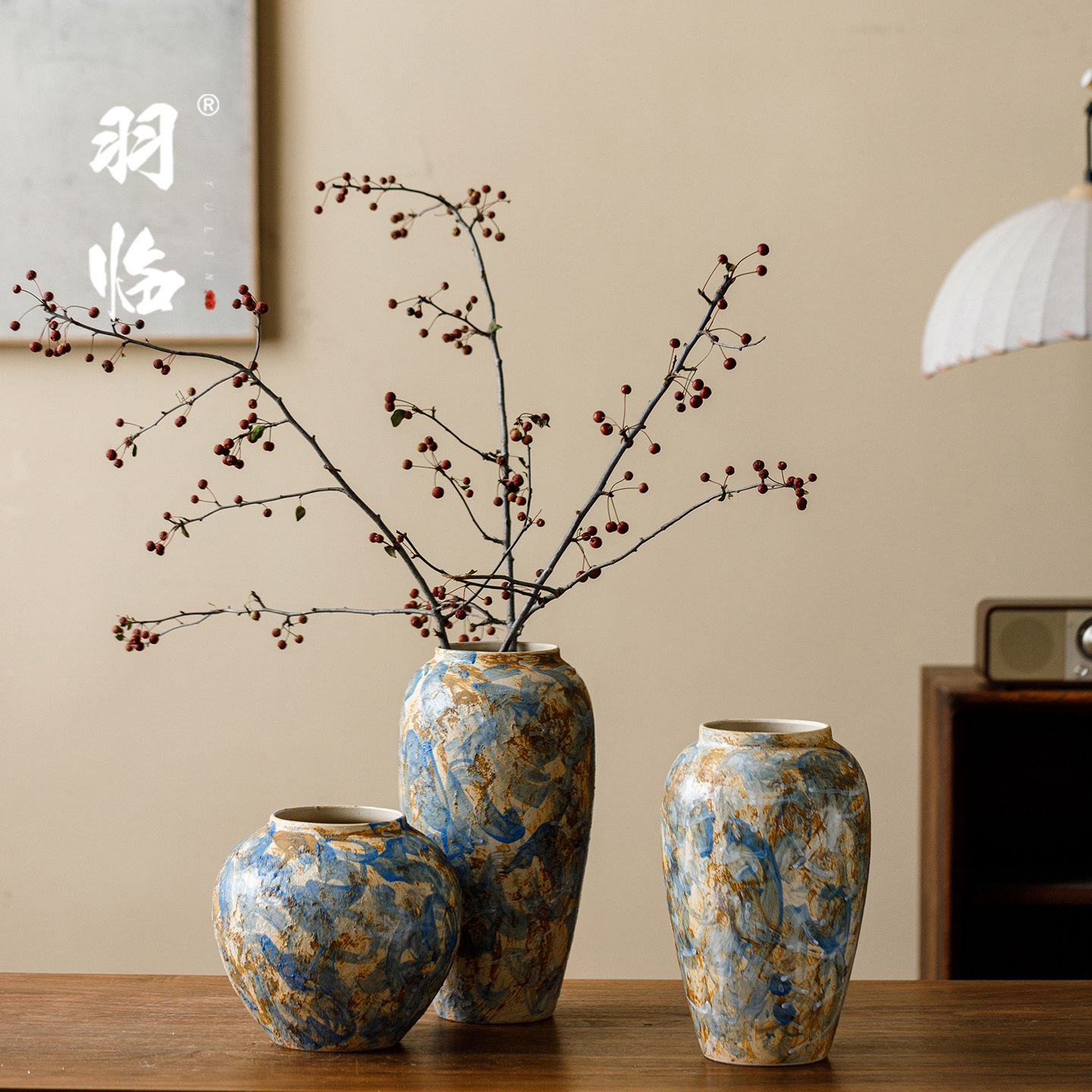 美式复古油画陶瓷花瓶台面长枝干花客厅桌面粗陶陶罐插花艺术摆件