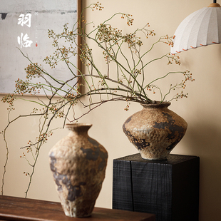 景德镇陶瓷花瓶侘寂禅意斑驳新中式干插花器复古怀旧装饰台面陶罐