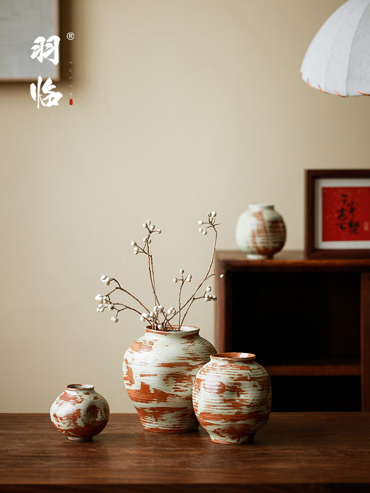 景德镇覆古手捏小花器插花小号粗陶陶罐创意陶瓷花瓶桌面装饰摆件