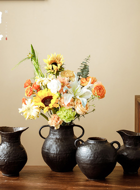 景德镇黑色创意陶瓷花瓶黑曜异形瓶干插花器客厅餐桌双耳提壶摆件