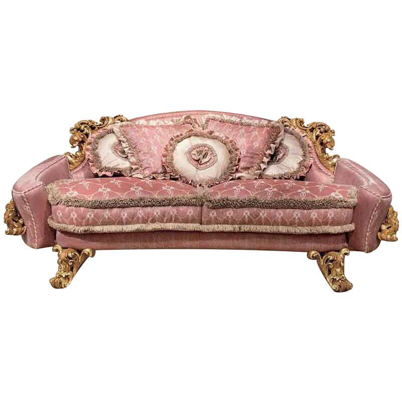 信益轩欧式实木桦木手工雕刻别墅客厅粉色刺绣三人位布艺沙发组合