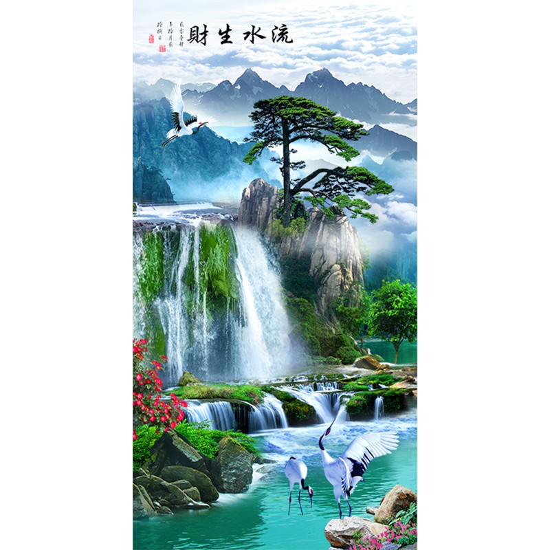 高清竖幅国画风景山水流水生财仙鹤迎客松防水简约墙壁装饰贴挂画