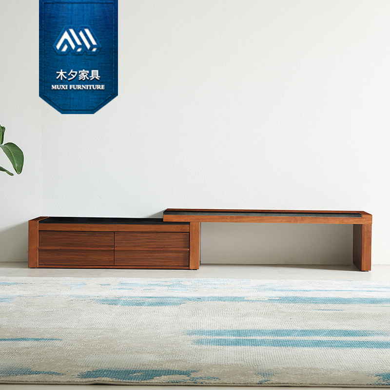 木夕新中式东南亚风格槟榔色家具胡桃色实木玄武岩伸缩组合电视柜