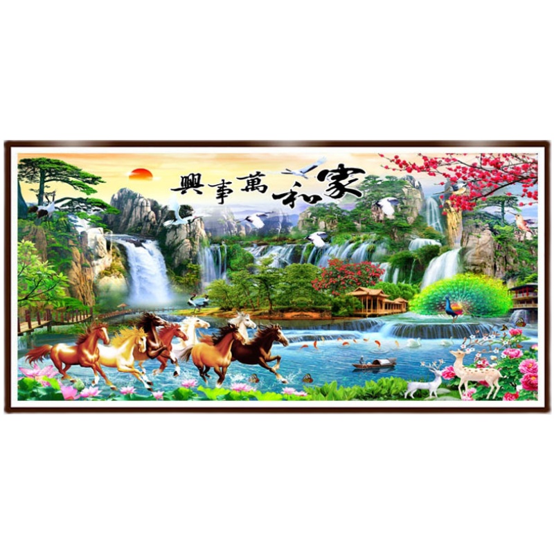 家和万事兴十字绣2023新款线绣八骏图客厅大幅中式风景画手工满绣