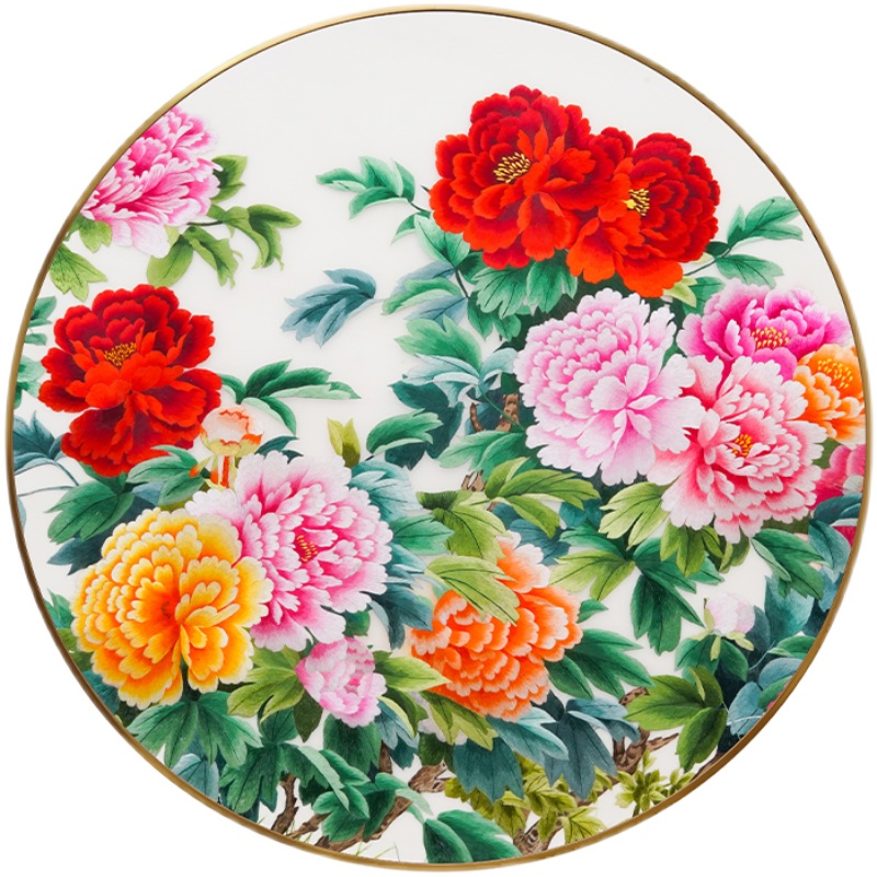 国画花开富贵新中式纯手工刺绣客厅沙发背景墙圆形实木牡丹装饰画图片