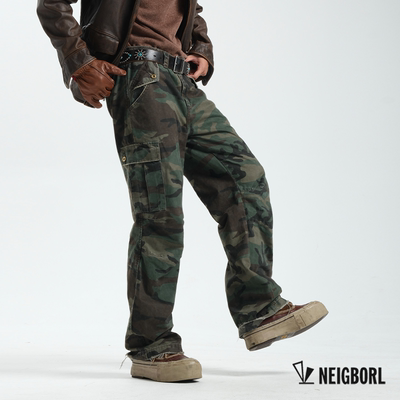 NEIGBORL美式复古做旧水洗宽松多口袋迷彩工装裤男款潮牌直筒裤子