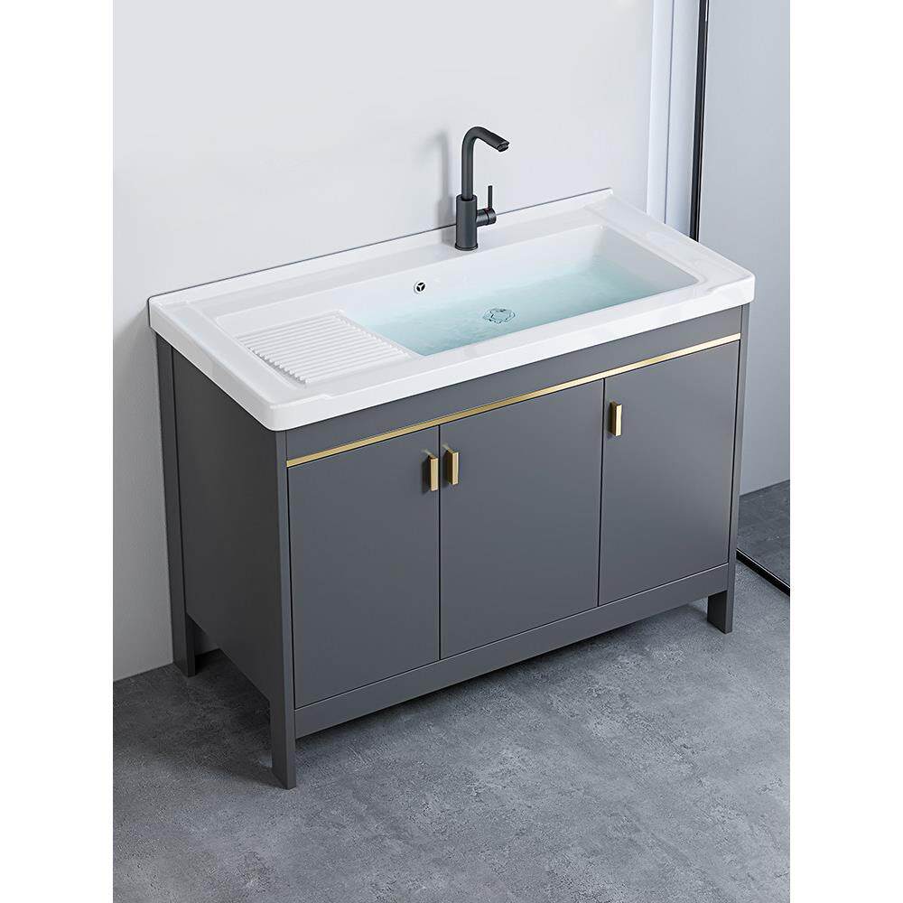 90/1米太空铝落地式洗衣柜陶瓷一体浴室柜组合阳台柜水槽带搓衣板