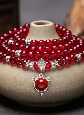 酒红多圈多层狐狸貔貅石榴石手链 女石榴石时尚手串手链