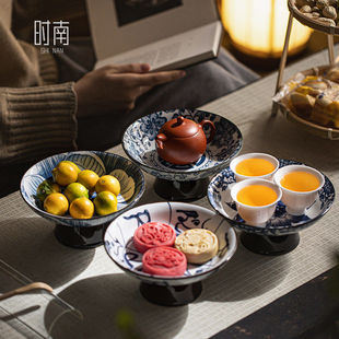 陶瓷青花足盘小精致端水果盘茶店中式古风茶点点心盘糕点摆盘
