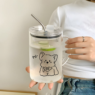女高颜值吸管杯 1000ml大容量玻璃杯家用果汁饮料杯子2025新款