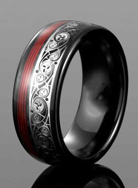 跨境爆款不锈钢戒指男士弧形电黑色镶嵌吉他弦戒指简约高级感