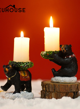 2025新款创意仿真圣诞黑熊树脂烛台蜡烛家居装饰跨境动物工艺品