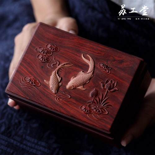 印度小叶紫檀首饰盒 年年有鱼老山檀香婚庆鸳鸯戏水首饰礼盒厂家