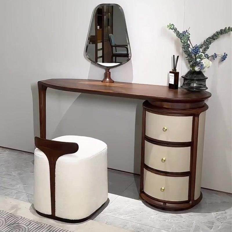 意式轻奢实木梳妆台卧室小户型化妆台靠墙简约设计师款梳妆镜凳子
