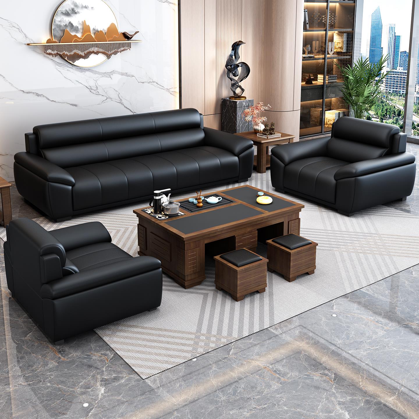 办公室沙发商务接待会客现代轻奢简约休息区真皮办公沙发茶几组合