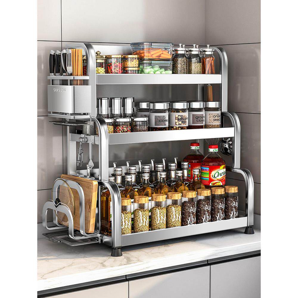 免组装304不锈钢厨房调料置物架双层刀架多功能家用调味品收纳架