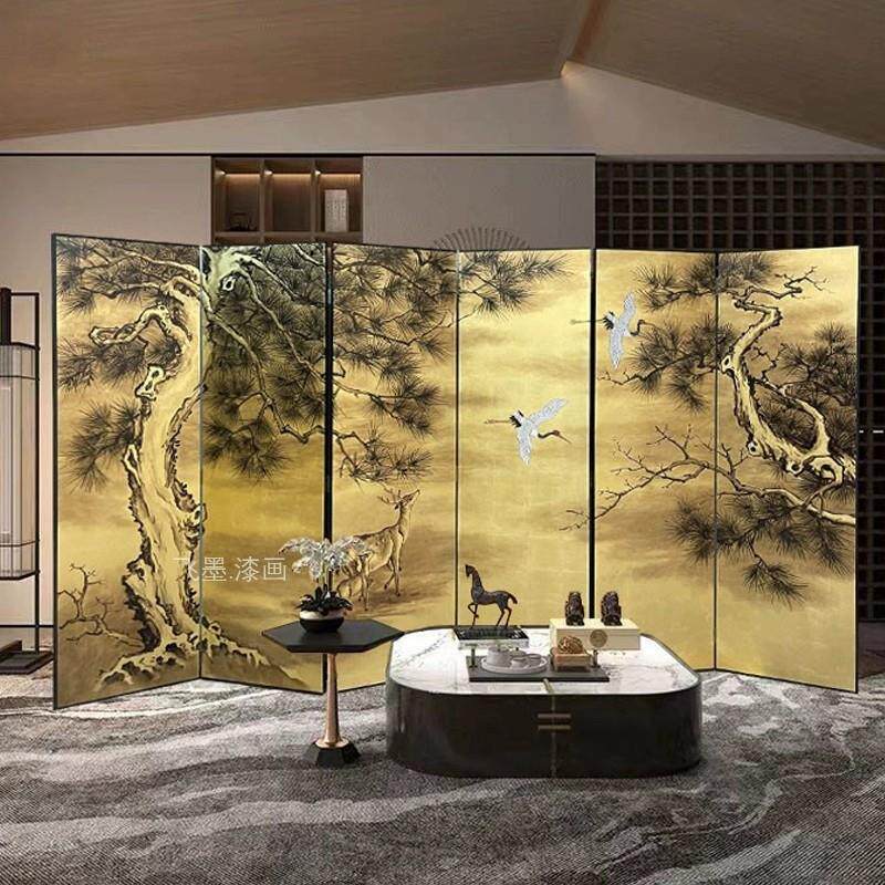 新中式折屏移动手绘金箔中古屏风漆画 画松树松鹤茶室隔断背景墙