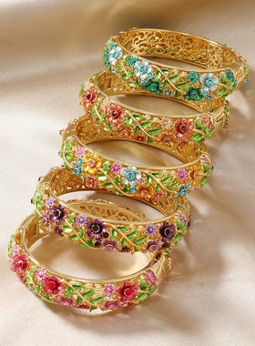 新款韩版景泰蓝民族风饰品女镂空纯手制彩绘合金镯子服装配饰