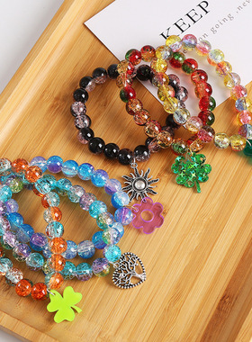 跨境新款手链饰品渐变色冰裂爆花珠串珠手串彩色琉璃珠水晶手链