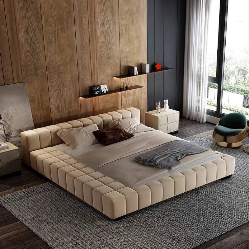 全棉高级北欧榻榻米布艺床日式落地矮床简约现代科技布主卧婚床