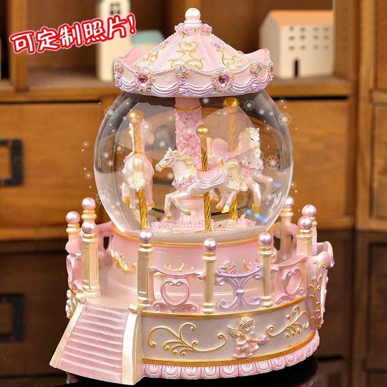 旋转木马水晶球公主音乐盒摆件飘雪八音盒女生儿童生日礼物情人节