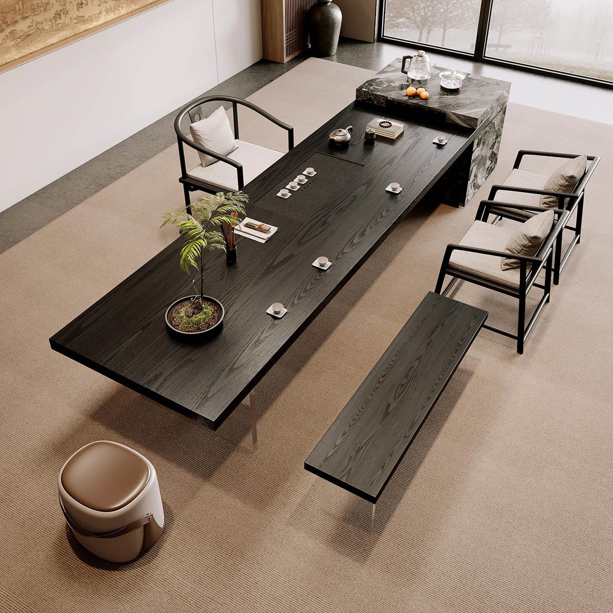 轻奢岛台茶桌烧水壶一体嵌入式茶盘黑色高级感茶几客厅家用长条桌