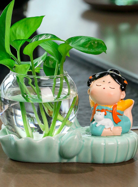 唐仕女创意家居装饰品客厅办公室桌面水培花瓶插花绿萝工位小摆设