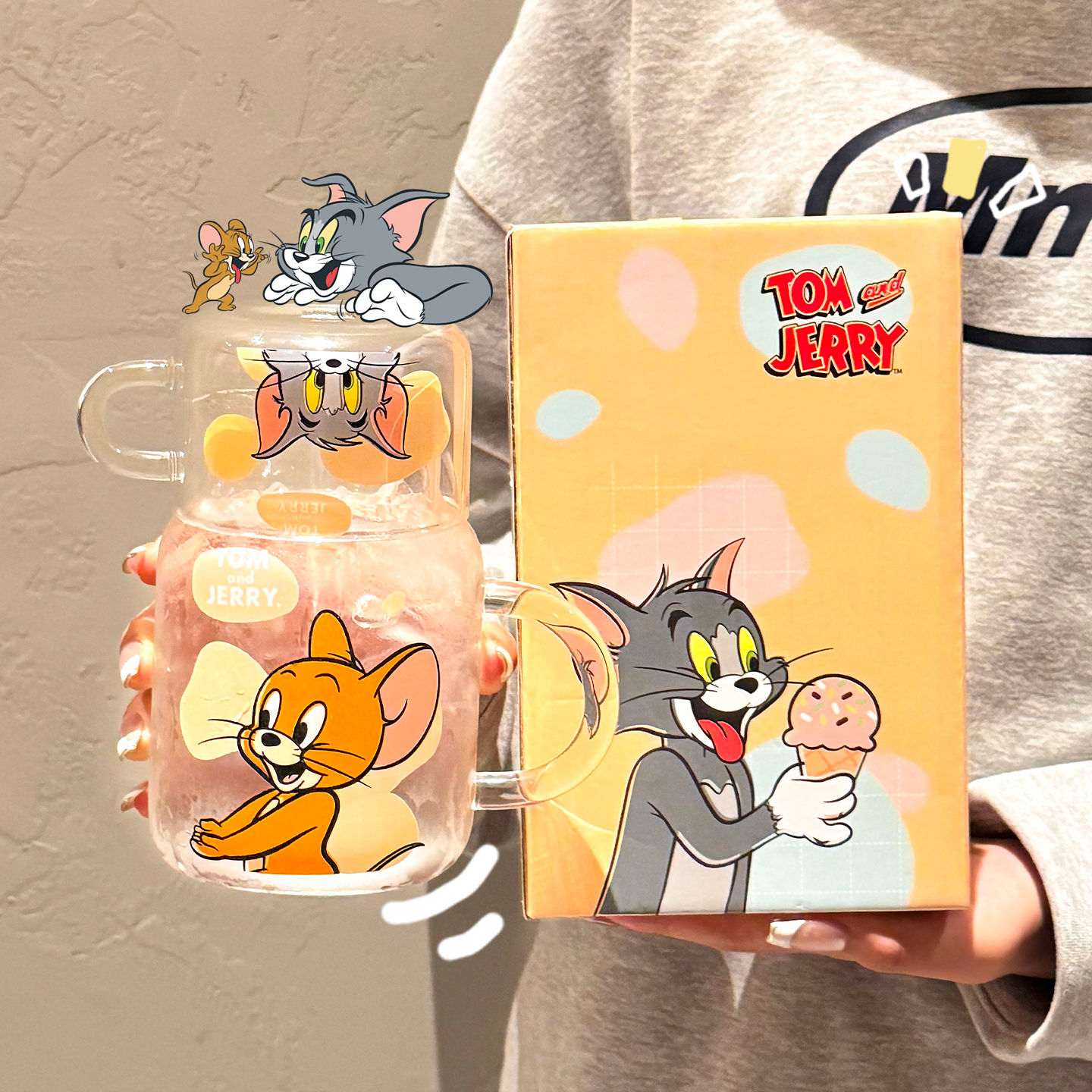 正版猫和老鼠玻璃杯带盖高颜值杯