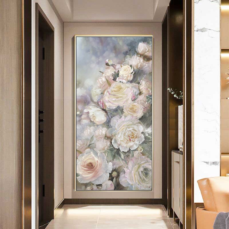 玄关装饰画油画客厅挂画沙发背景墙走廊过道牡丹花卉手绘竖版简约图片