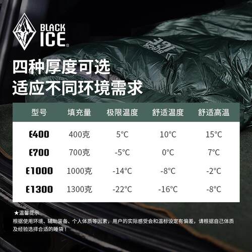 黑冰E700/E1000户外鹅绒露营睡袋信封式羽绒睡袋可拼接双人睡袋