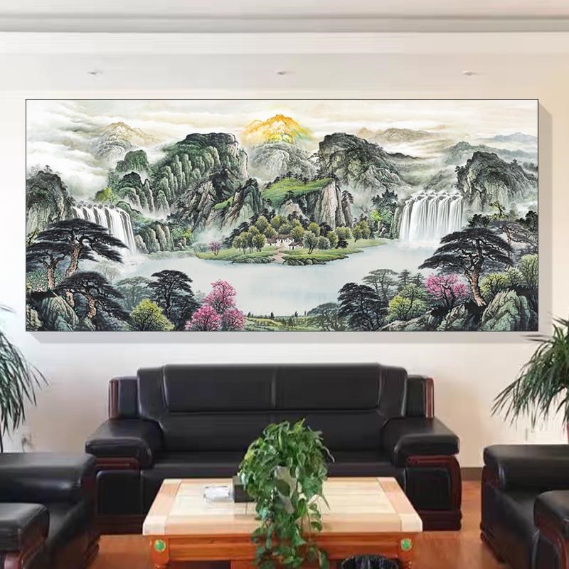 聚宝盆山水画客厅挂画八方聚财办公室沙发背景墙靠山图风景装饰画