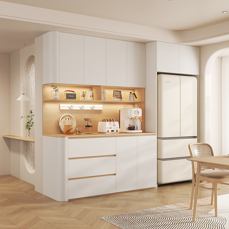 原木奶油风客厅内嵌入式冰箱柜圆弧餐边柜靠墙一体收纳储物柜定制