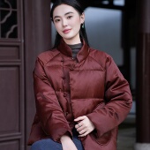 短款 羽绒服 红云纱珍珠缎 盘扣花立领长袖 26MM香云纱 90白鹅绒