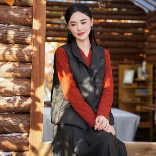 铜钱牡丹纹中式 觅萝香原创冬 90白鹅绒 羽绒马甲女 25MM香云纱