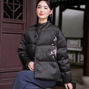 26MM香云纱 短款 90白鹅绒 素绉缎纯手工刺绣长袖 羽绒服 觅萝香