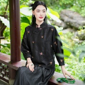 26MM香云纱 立领九分袖 绣花 觅萝香新中式 2025年春龟纹 衬衫 女