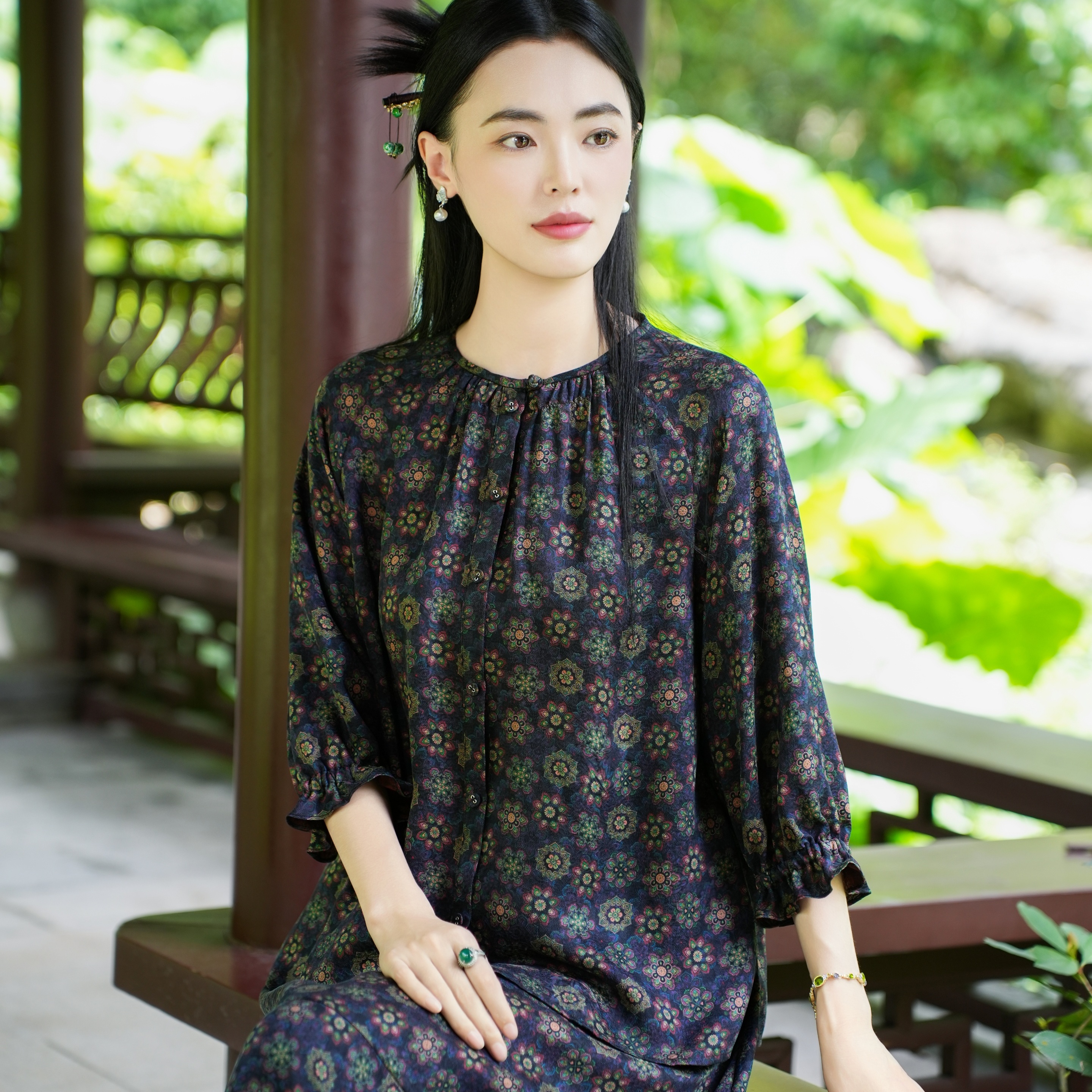 【26MM香云纱 二经绞罗】觅萝香原创中式 红云纱宝相花衬衫半身裙