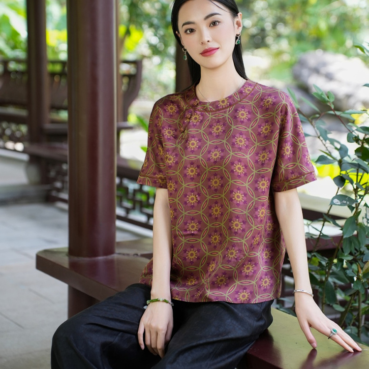 【23MM香云纱】觅萝香新中式2025夏红云透孔罗宝相花盘扣短袖衬衫