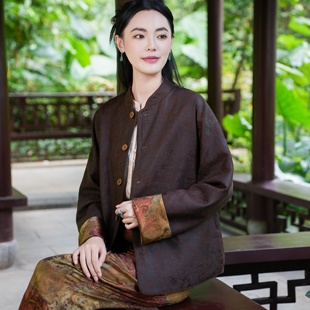 觅萝香原创设计秋印花中式 双面双穿 重缎提花 外套 45MM香云纱