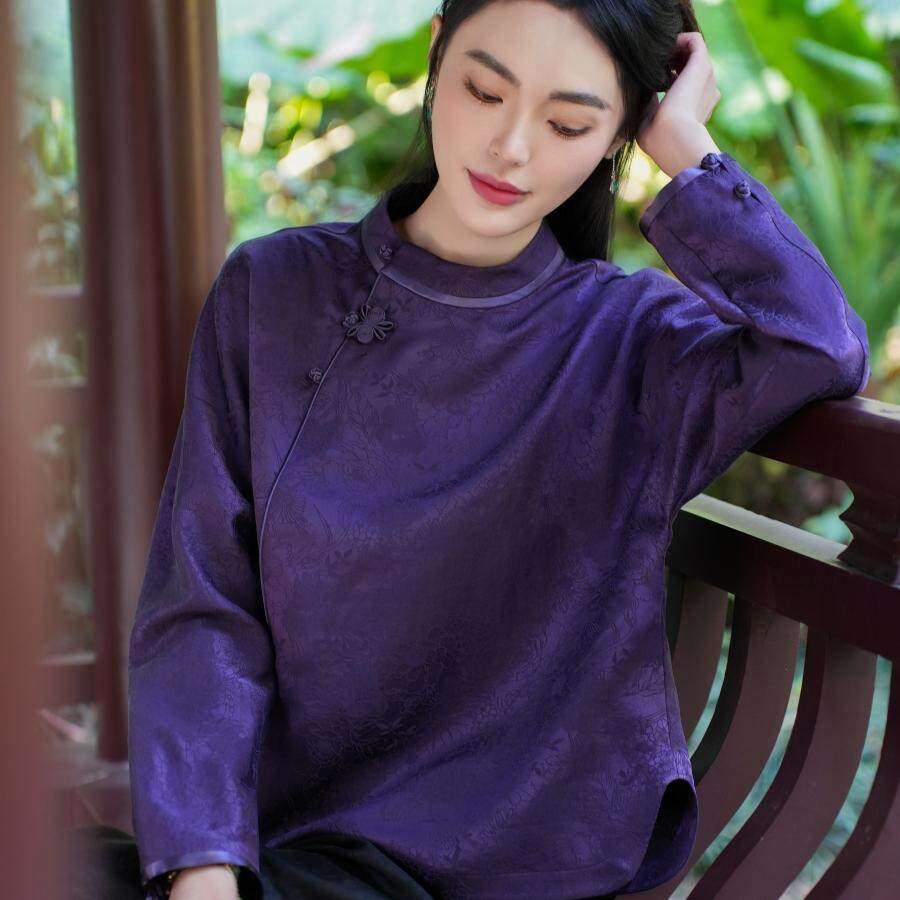 【25MM香云纱】觅萝香新中式2026春 透孔罗 桑蚕丝盘扣长袖衬衫女