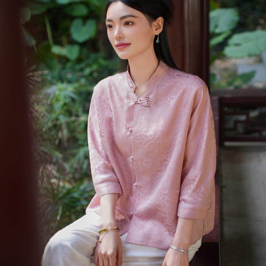 【桑蚕丝】觅萝香原创新中式2026年春季百搭花萝祥云龙凤纹衬衫女