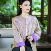 中式 外套女 圆领翻袖 珠扣长袖 23MM浮光锦 觅萝香原创设计春季