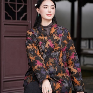 【40MM香云纱 90白鹅绒】觅萝香 绢纺提花老料 V领系带长袖羽绒服