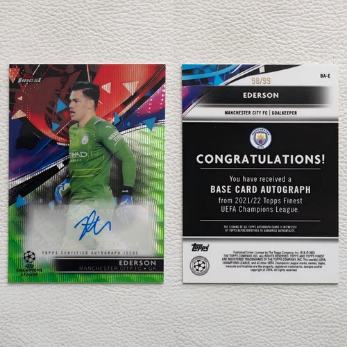Topps Finest 曼城 埃德森 EDERSON 亲签 签字 球星卡 周边 礼物