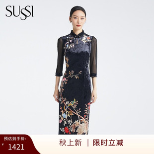 古色商场同款秋季新品黑色中式印花丝绒高级感旗袍裙女