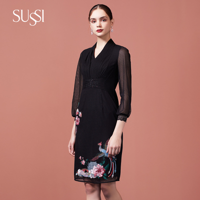 sussi/古色秋季丝路长袖连衣裙
