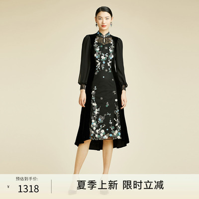 古色秋装黑色长袖高级感黑色旗袍刺绣灯笼袖连衣裙高级感