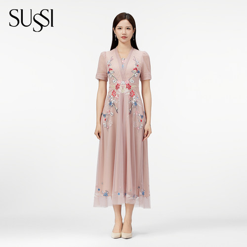 SUSSI/古色25夏商场同款刺绣连衣裙荷叶边短袖连衣裙